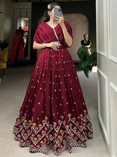 Majestic Maroon Embroidered Silk Engagement Wear Crop Top Lehenga