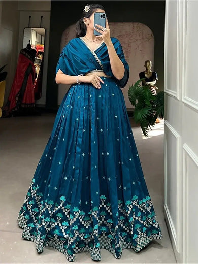 Marvelous Teal Blue Embroidered Silk Festival Wear Crop Top Lehenga