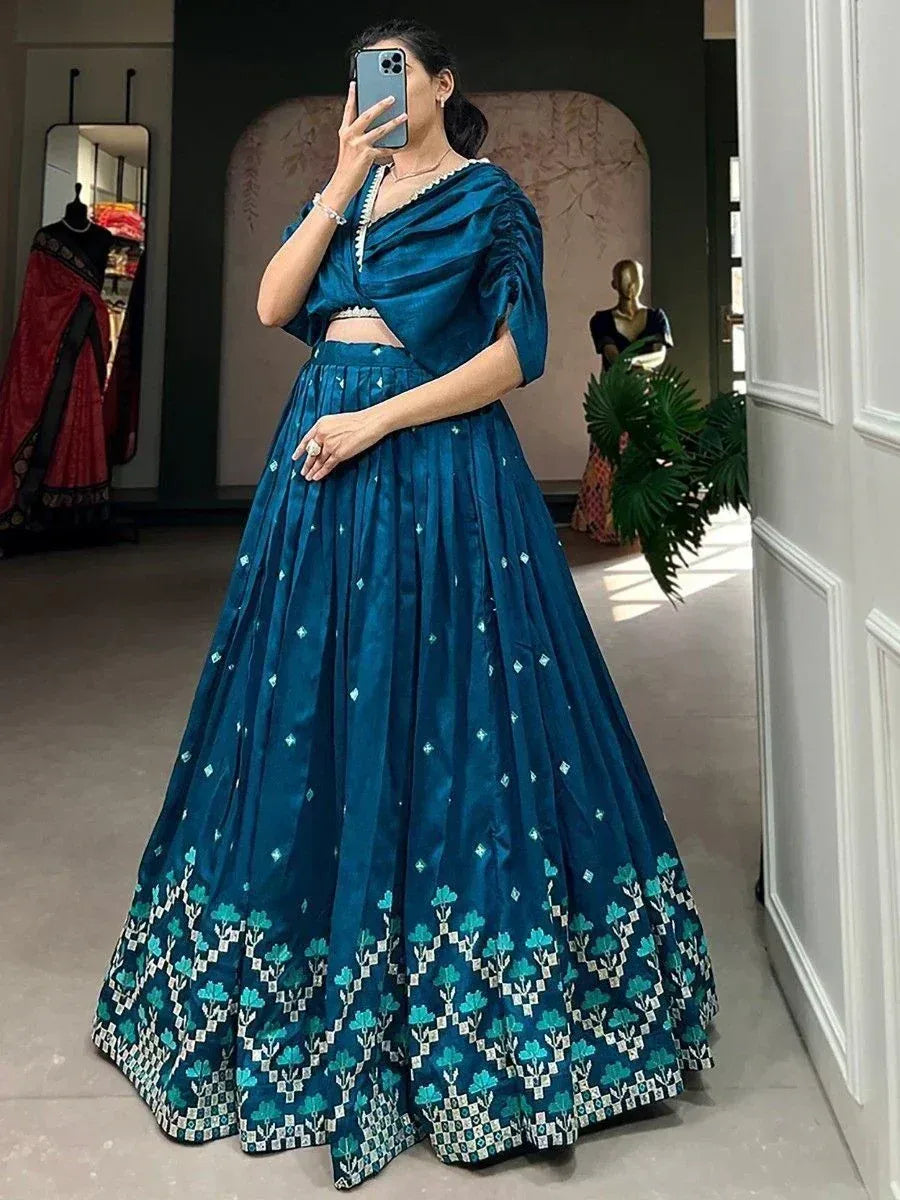 Teal blue lehenga choli with floral border, ethnic wear for women, designer Indian outfit