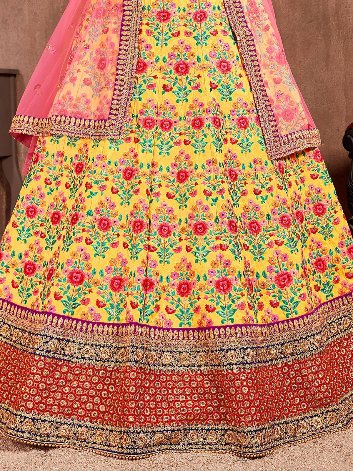 Yellow floral embroidered lehenga choli with pink dupatta, Indian ethnic wear