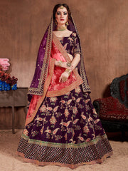 Purple Embroidered Taffeta Bridal Wear Lehenga Choli