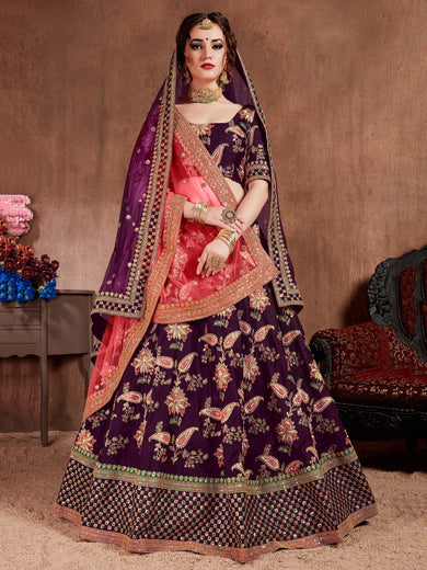 Purple Embroidered Taffeta Bridal Wear Lehenga Choli