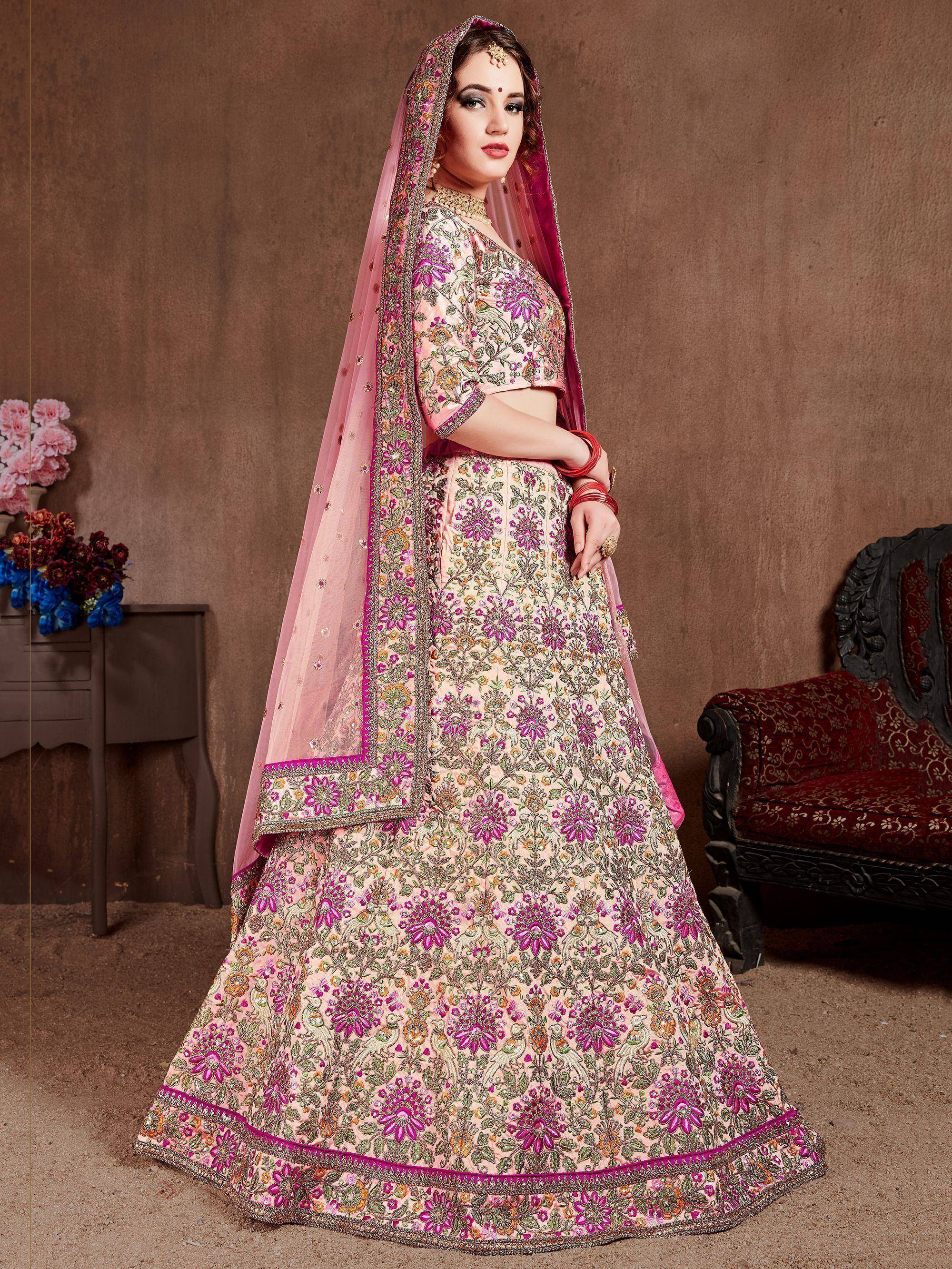 Pink floral embroidered lehenga choli with matching dupatta, Indian ethnic wear for weddings