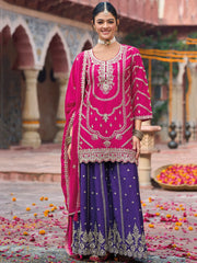 Alluring Pink Embroidered Chinon Wedding Palazzo Suit With Dupatta