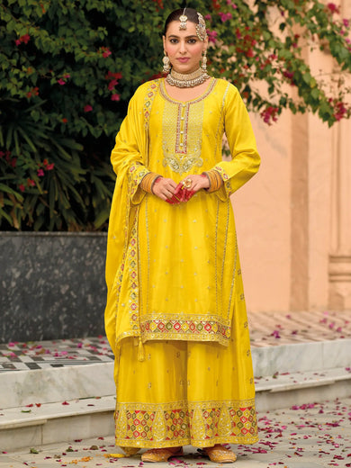 Amazing Yellow Sequins Chinon Haldi Wear Palazzo Suit With Dupatta