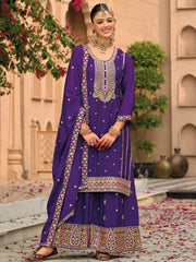 Marvelous Purple Sequins Chinon Festival Wear Palazzo Suit With Dupatta