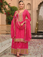 Charming Pink Embroidered Chinon Eid Special Palazzo Suit With Dupatta