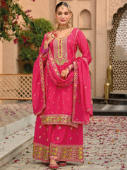 Charming Pink Embroidered Chinon Eid Special Palazzo Suit With Dupatta