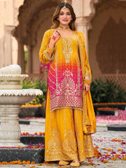 Pretty Yellow Embroidered Chinon Haldi Wear Palazzo Suit With Dupatta