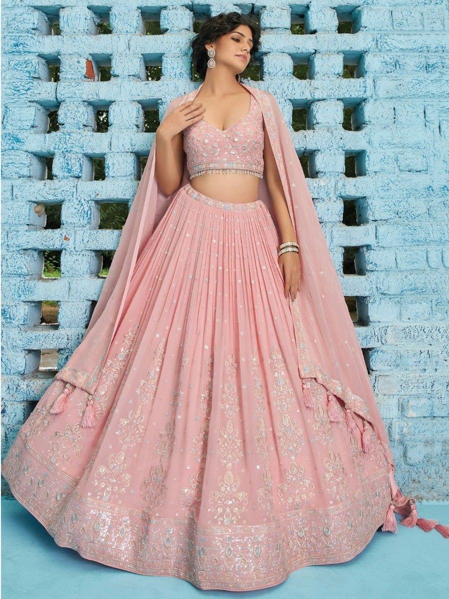 Beautiful Baby Pink Sequins Georgette Engagement Wear Lehenga Choli