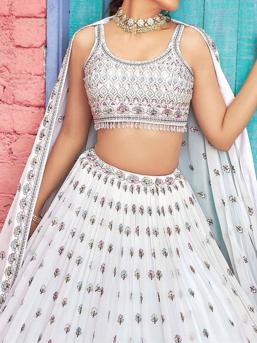 White floral embroidered lehenga choli with dupatta, perfect for Indian ethnic wear occasions