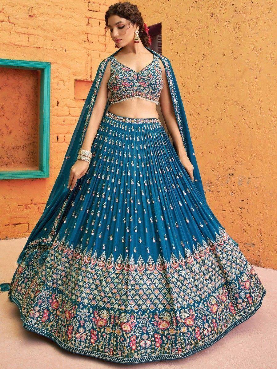 Teal floral embroidered lehenga choli with dupatta, Indian ethnic wear for weddings and festivals