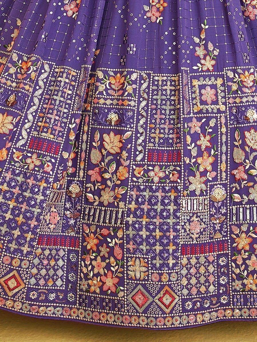 Purple embroidered lehenga skirt with floral and geometric patterns, ideal for Indian ethnic wear