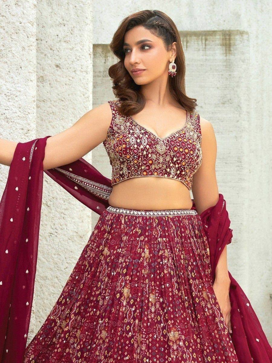 Maroon embroidered lehenga choli with dupatta, Indian ethnic wear for weddings and festivals