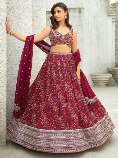 Stunning Maroon Sequins Organza Wedding Wear Lehenga Choli