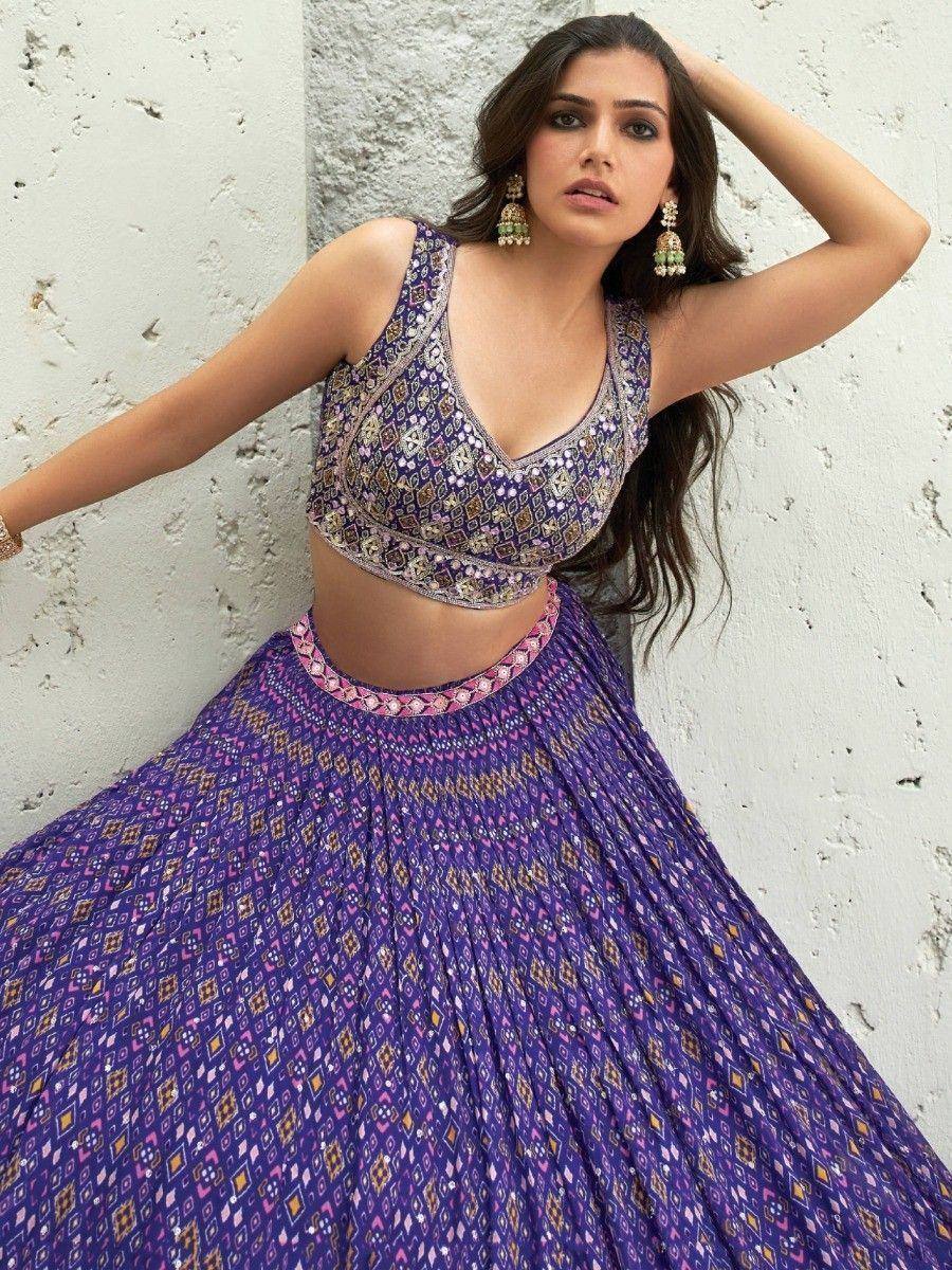 Purple printed lehenga choli with intricate embroidery, perfect for Indian ethnic wear occasions
