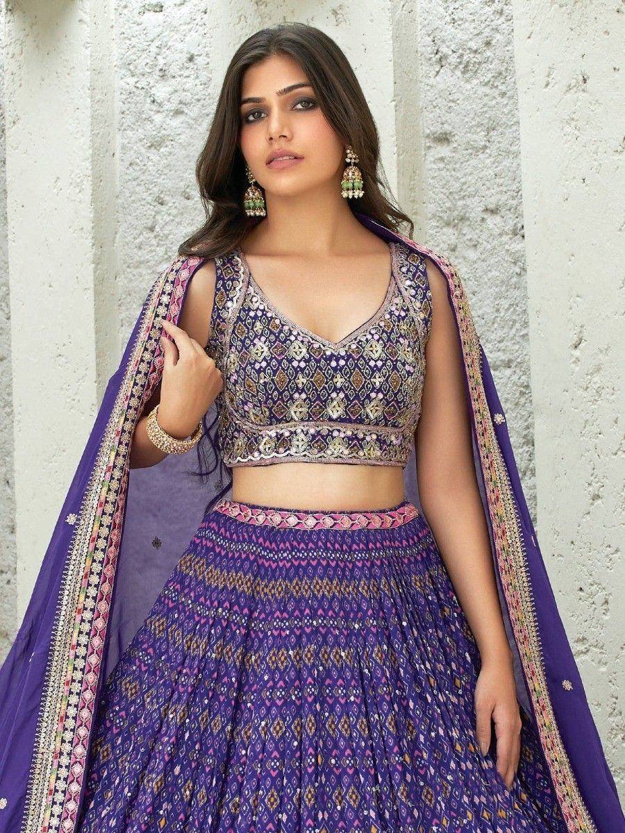 Purple embroidered lehenga choli with dupatta, Indian ethnic wear for women