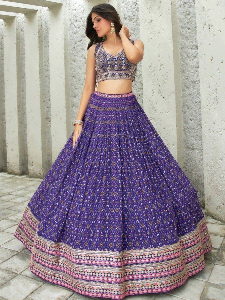 Purple printed lehenga choli with intricate embroidery, perfect for Indian ethnic wear occasions