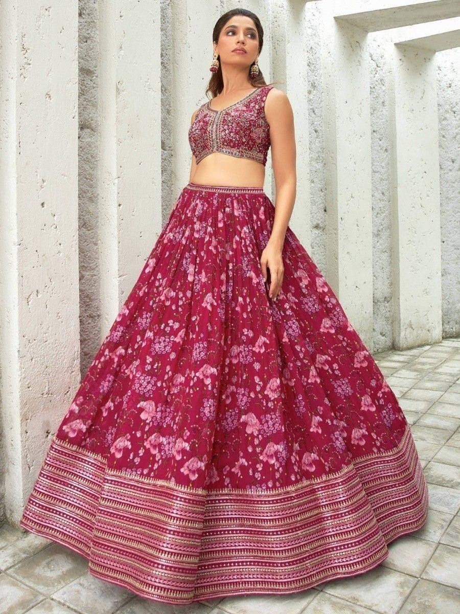 Pink floral lehenga choli with embroidered blouse and border, ideal for Indian ethnic wear occasions