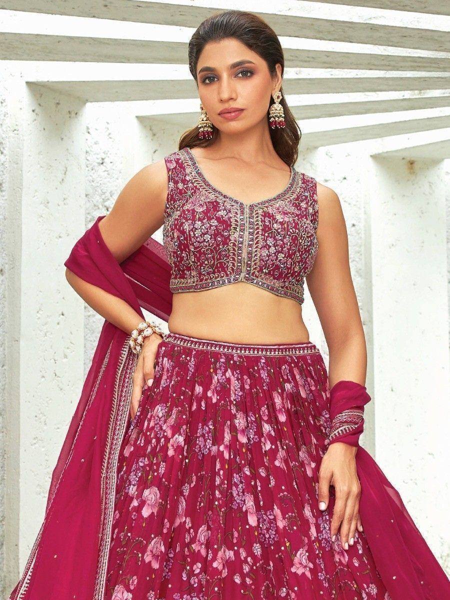 Pink floral lehenga choli with embroidered blouse and dupatta, Indian ethnic wear for women