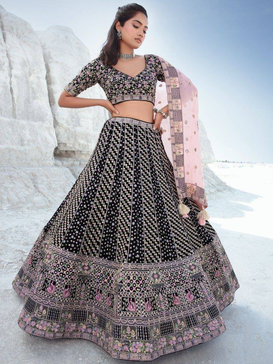 Black floral embroidered lehenga choli with pink dupatta, ethnic Indian wear for weddings and parties