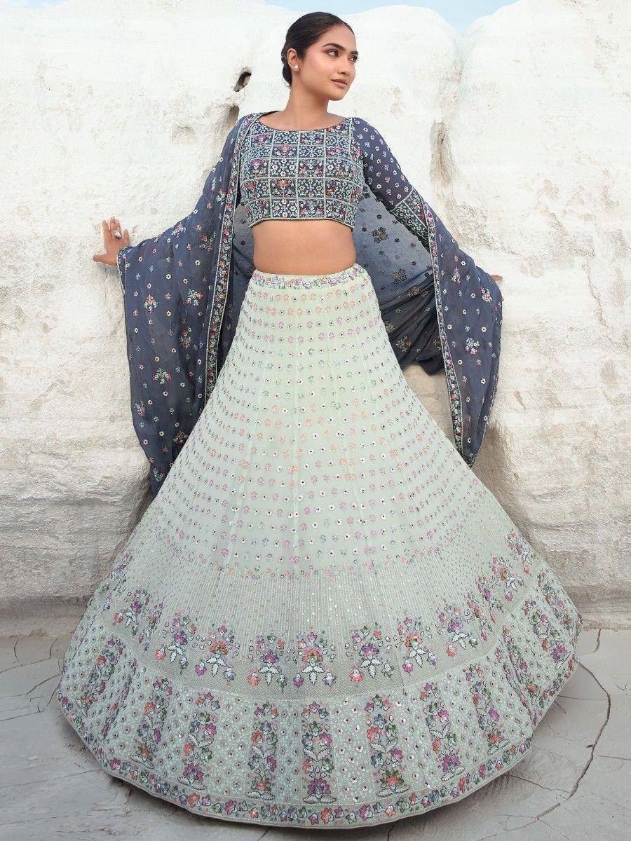 Floral embroidered lehenga choli with sheer dupatta, perfect for Indian ethnic occasions