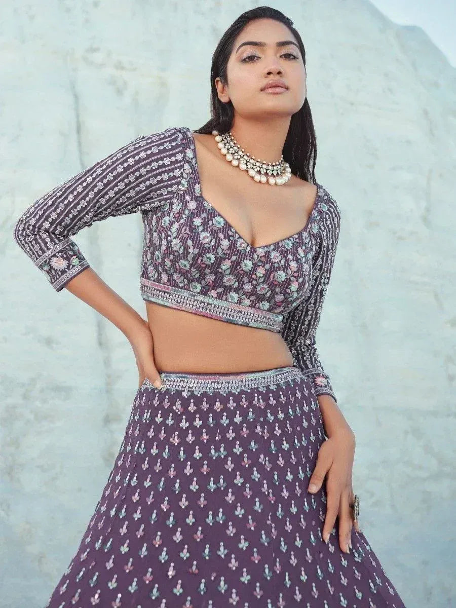 Purple floral printed lehenga choli with embroidery, perfect for Indian ethnic wear occasions