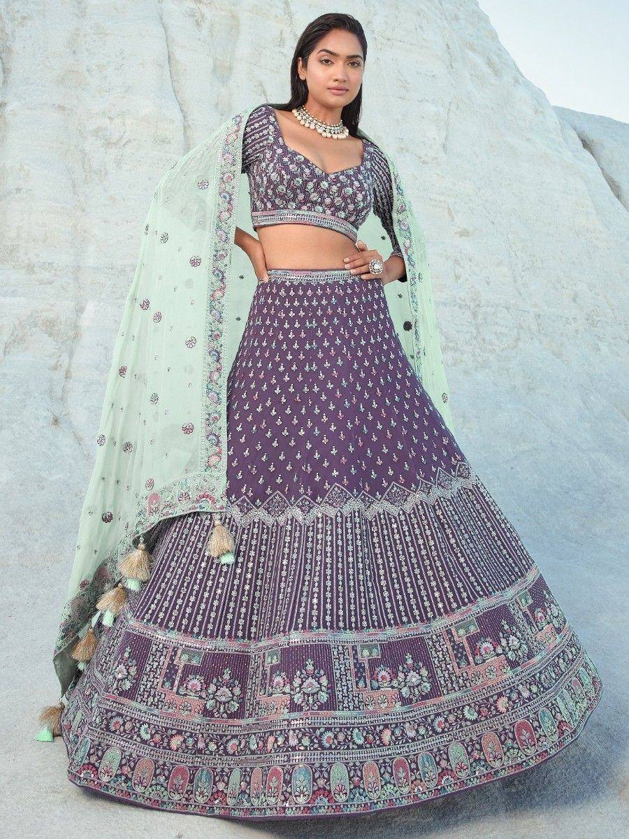 Purple printed lehenga choli with mint dupatta, ethnic Indian wear for weddings and festivals