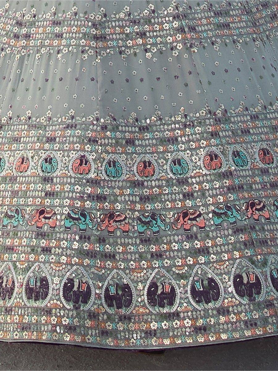 Grey ethnic skirt with colorful elephant and floral embroidery, perfect for Indian wear