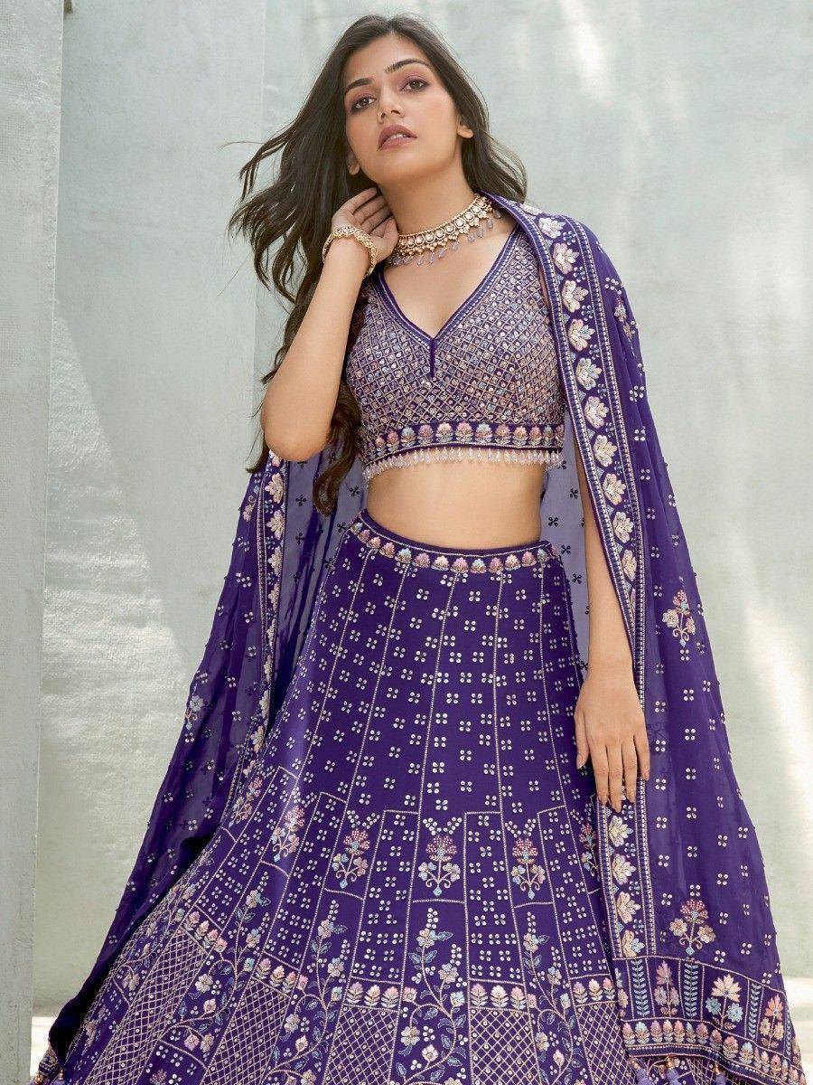 Purple embroidered lehenga choli with floral dupatta, Indian ethnic wear for women