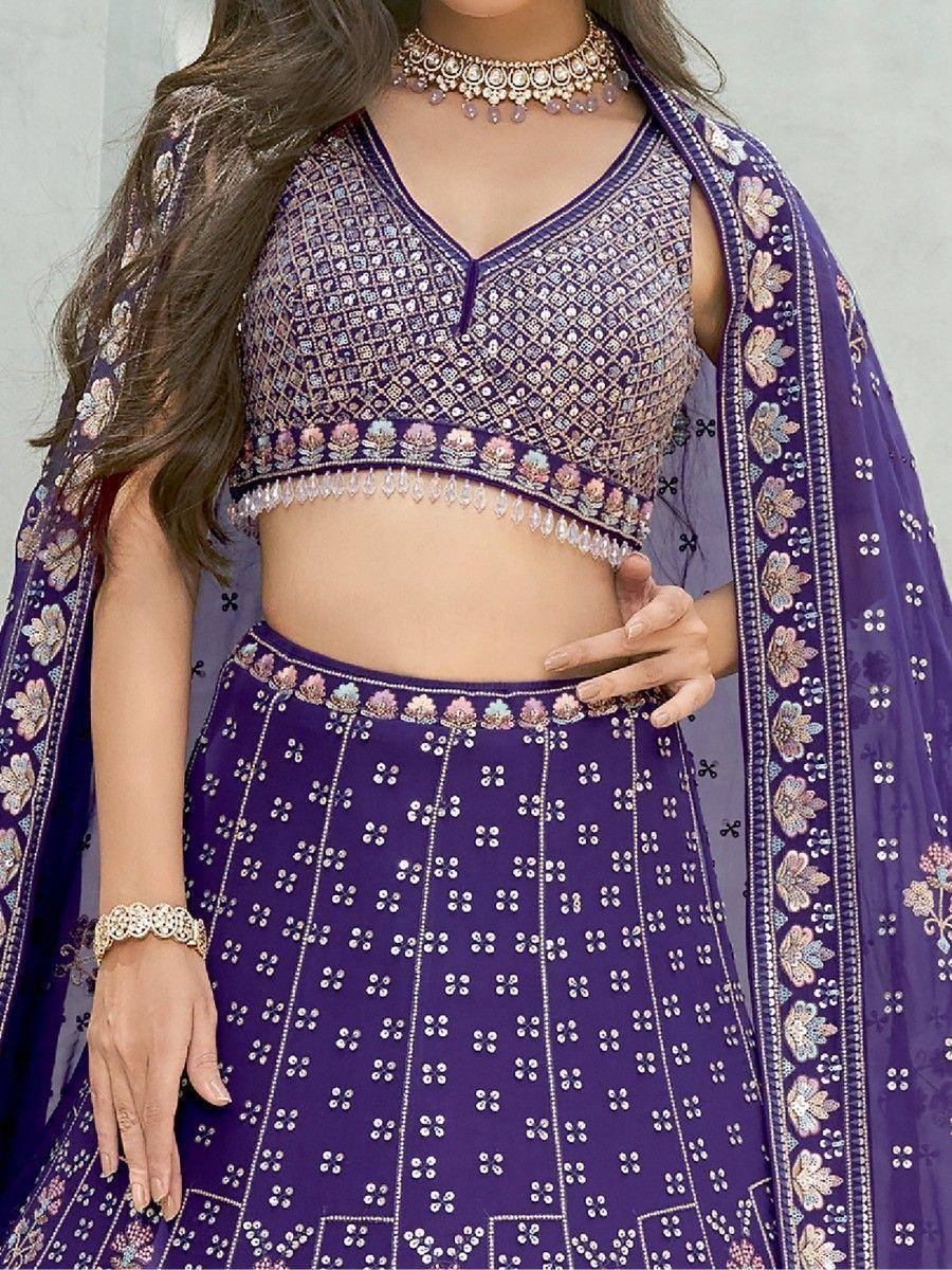 Purple embroidered lehenga choli with floral dupatta, perfect for Indian ethnic wear occasions