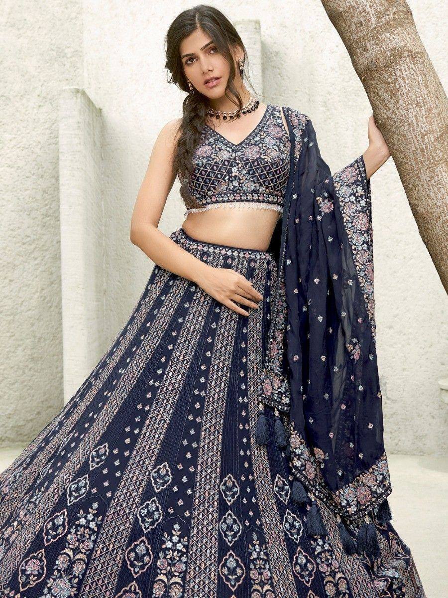 Navy blue floral print lehenga choli with embroidered blouse and dupatta, perfect for Indian ethnic occasions