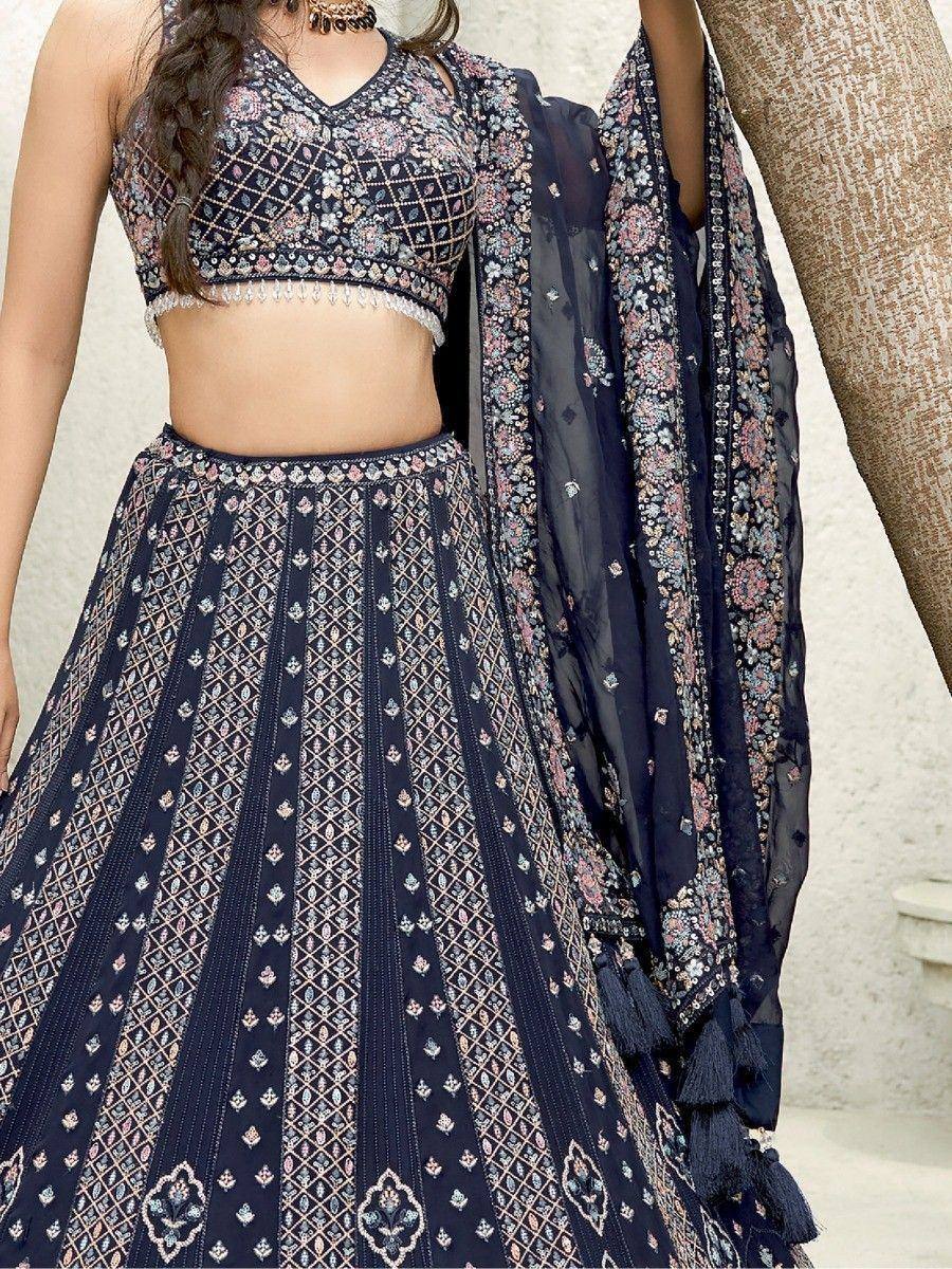 Navy blue embroidered lehenga choli with floral dupatta, perfect for Indian ethnic occasions
