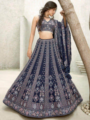 Lovely Navy Blue Sequins Georgette Engagement Wear Lehenga Choli