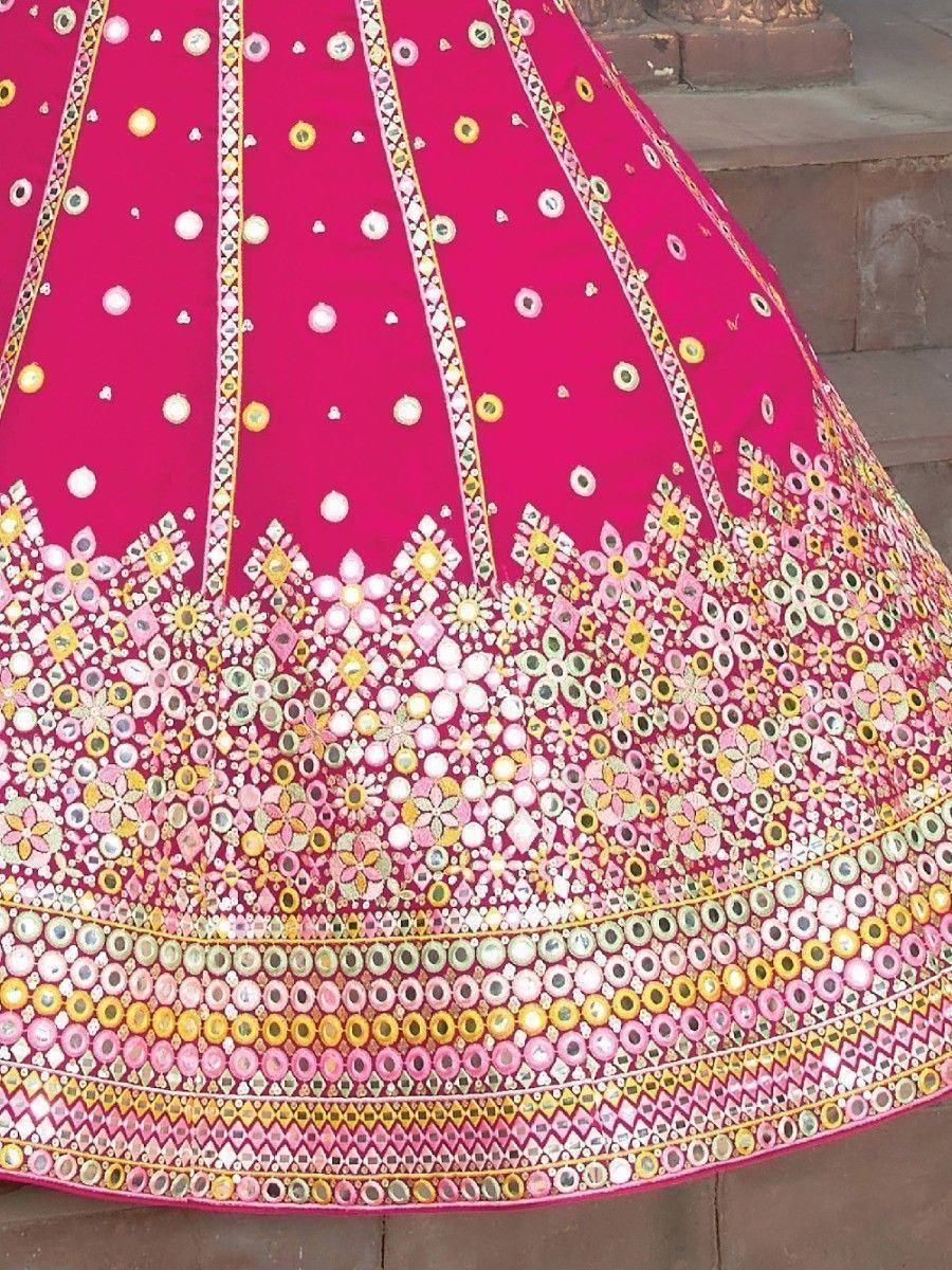 Pink designer lehenga with mirror work and floral embroidery, ethnic Indian wear