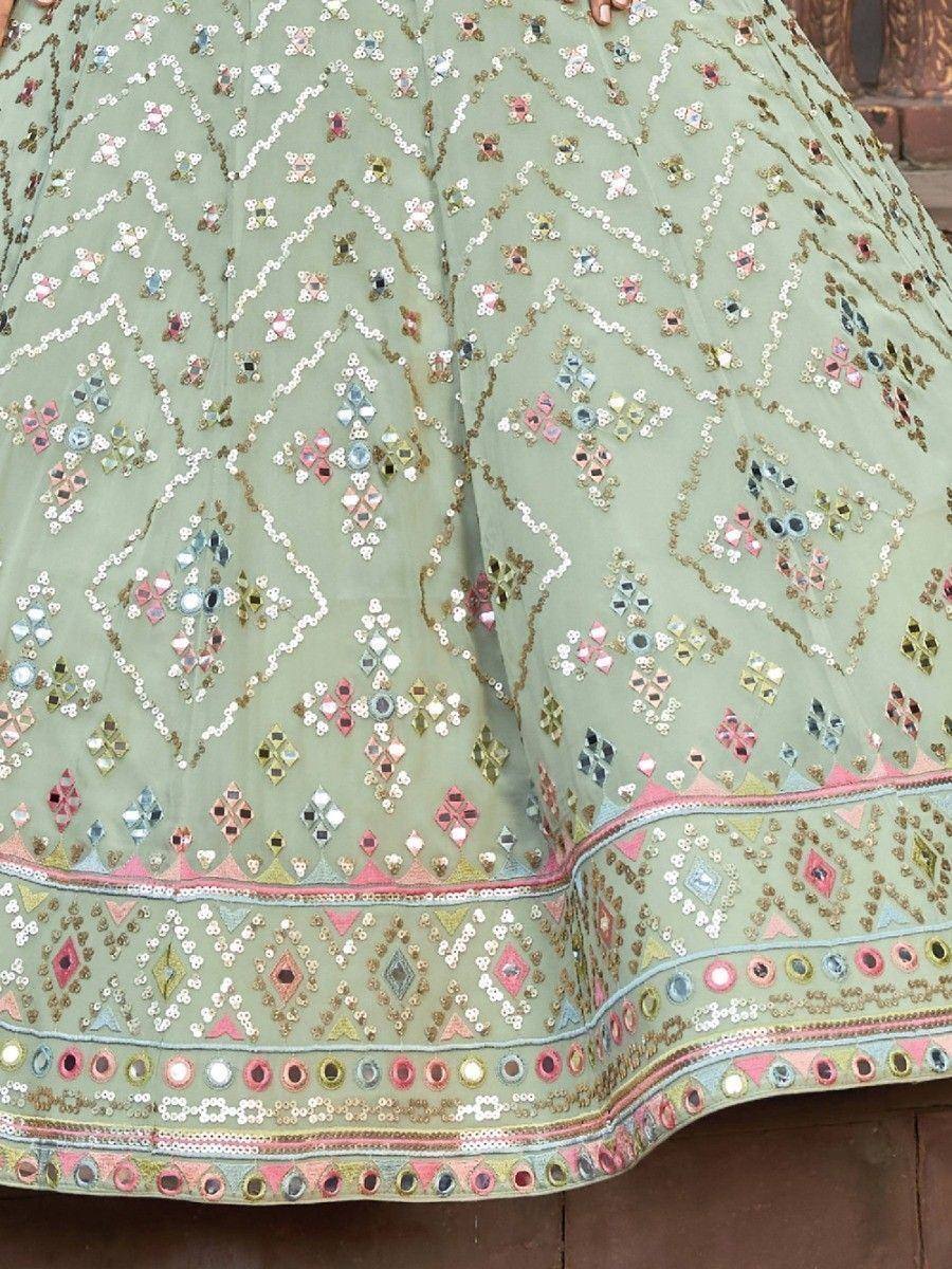Mint green lehenga with mirror work and geometric embroidery, ethnic Indian wear