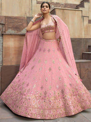 Alluring Baby Pink Mirror Work Georgette Engagement Wear Lehenga Choli