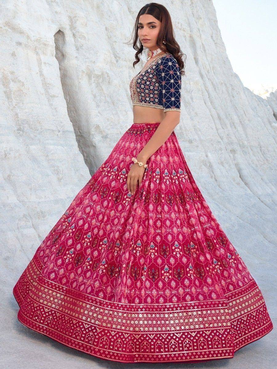 Pink printed lehenga choli with navy blue embroidered blouse, Indian ethnic wear for weddings