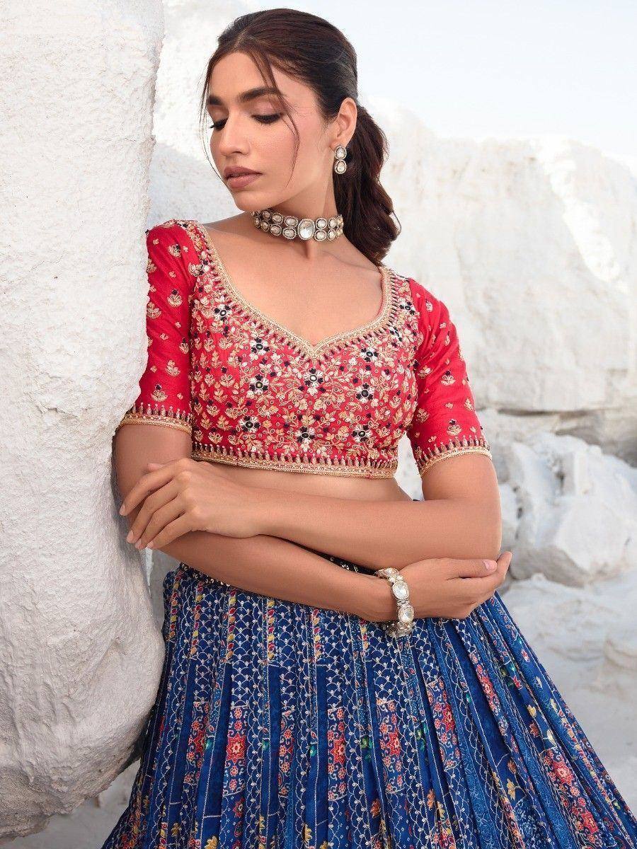 Red embroidered blouse with blue floral lehenga, Indian ethnic wear for women