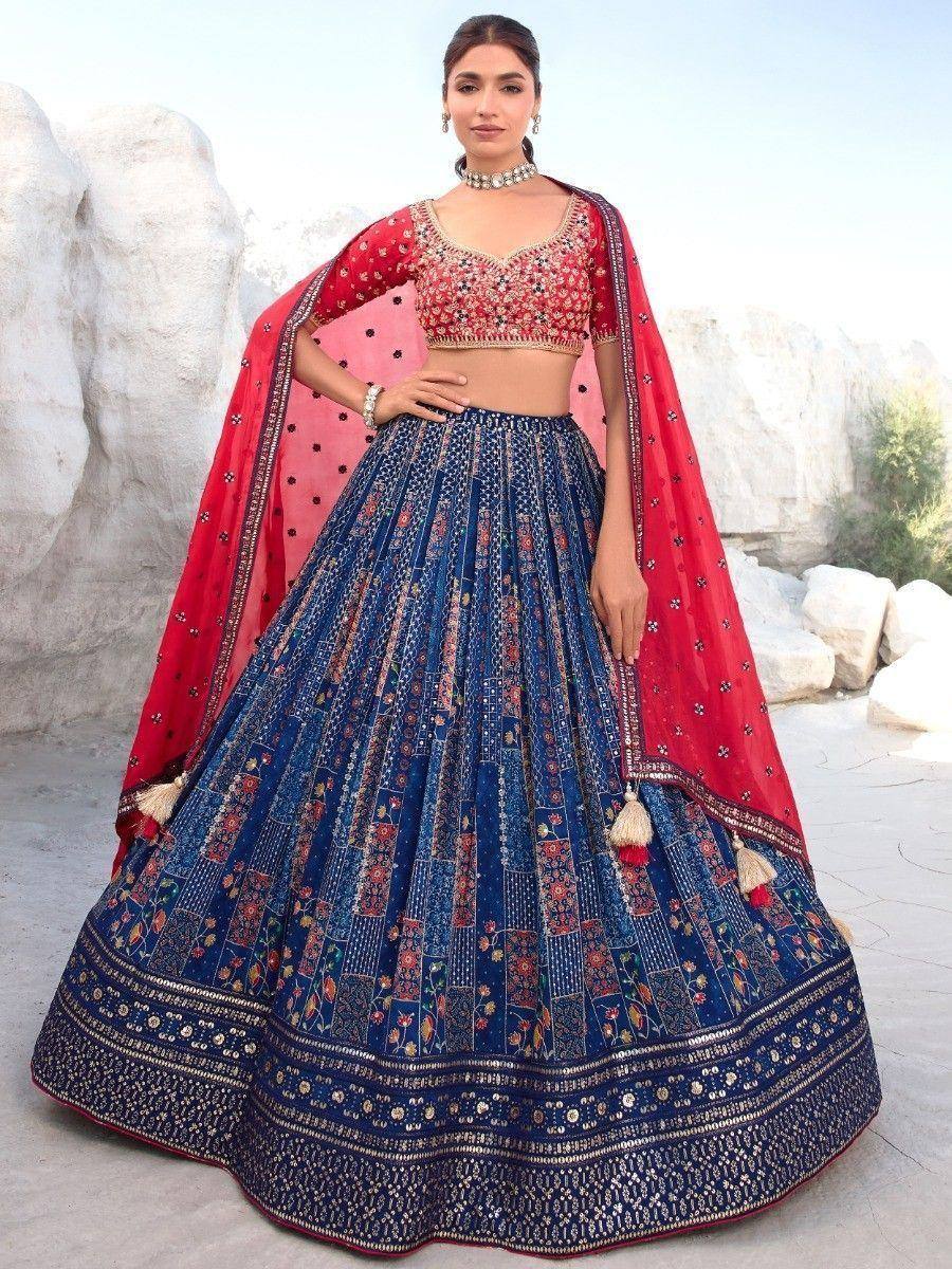Blue and red embroidered lehenga choli with dupatta, Indian ethnic wear for weddings and festivals