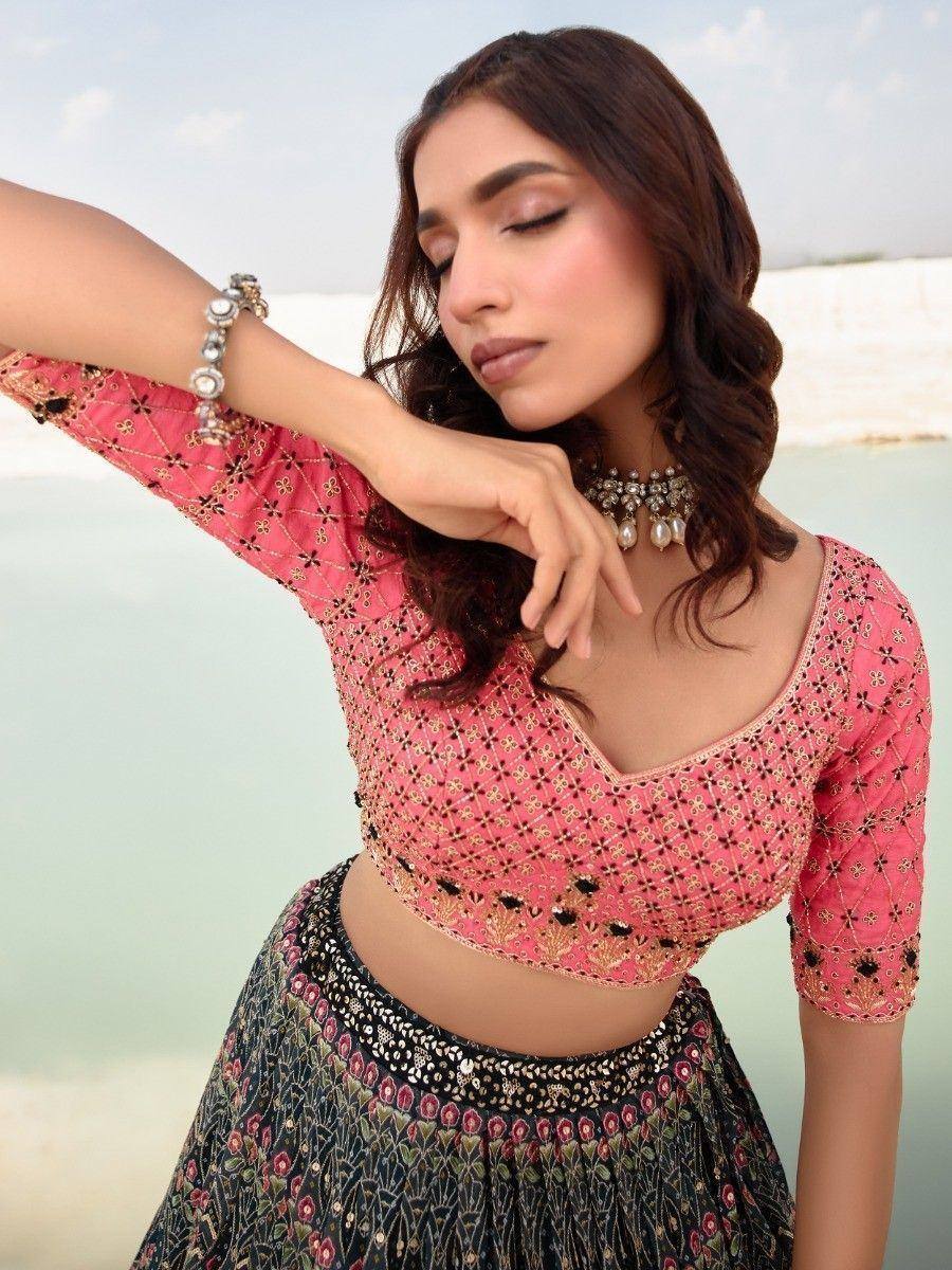 Pink embroidered lehenga choli with floral skirt, perfect for Indian ethnic wear and festive occasions