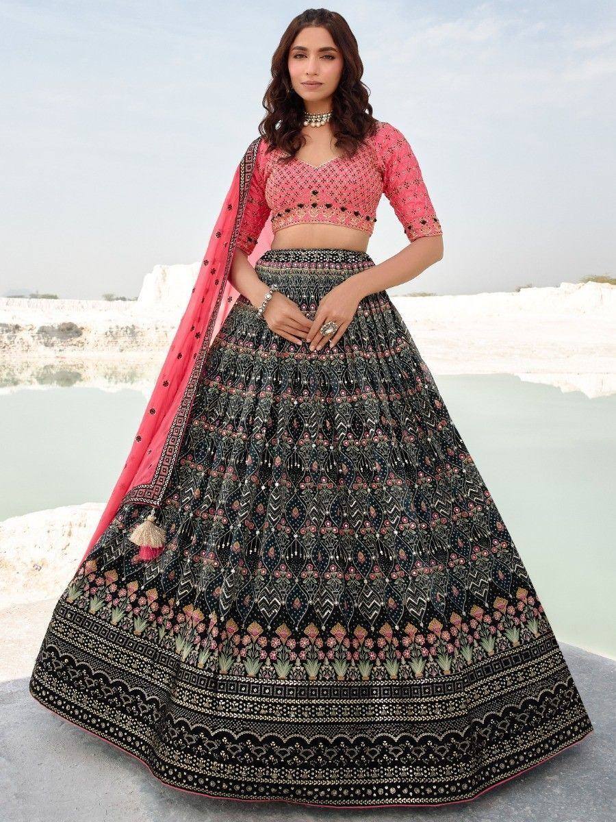 Black and pink embroidered lehenga choli with matching dupatta, perfect for Indian ethnic occasions