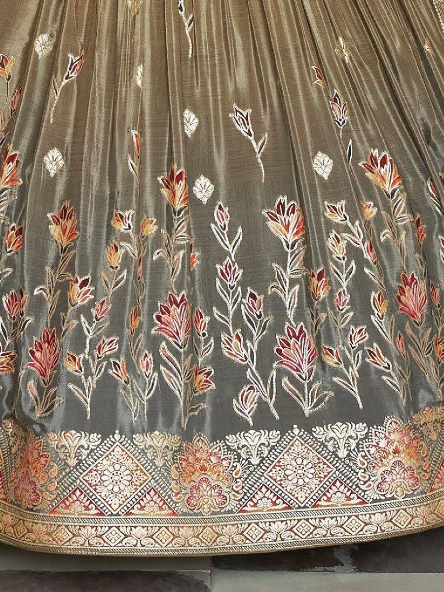Grey embroidered lehenga with floral motifs and ornate border, Indian ethnic wear