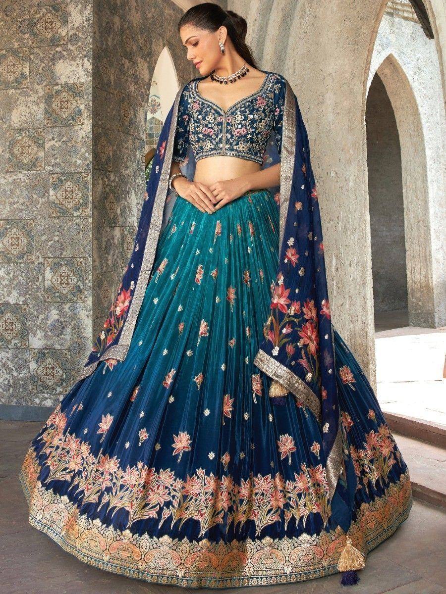 Blue and teal floral embroidered lehenga choli with dupatta, Indian ethnic wear for weddings