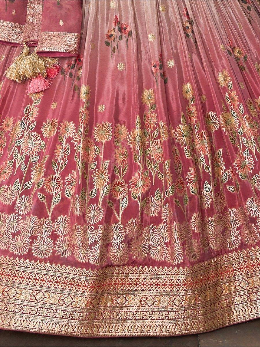 Pink floral embroidered lehenga with gold border, designer Indian ethnic wear