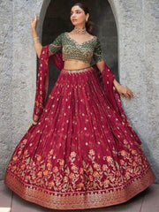 Awesome Maroon Zari Woven Silk Wedding Wear Lehenga Choli