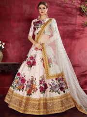 Off-White Floral Print Banglori Silk Bridal Lehenga Choli With Dupatta