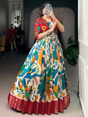 Fantastic Off-White Kalamkari Printed Silk Festive Wear Gown With Koti