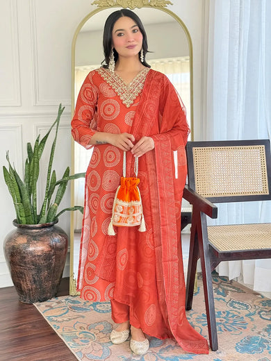 Tantalizing Orange Rayon Embroidered Traditional Pant Suit