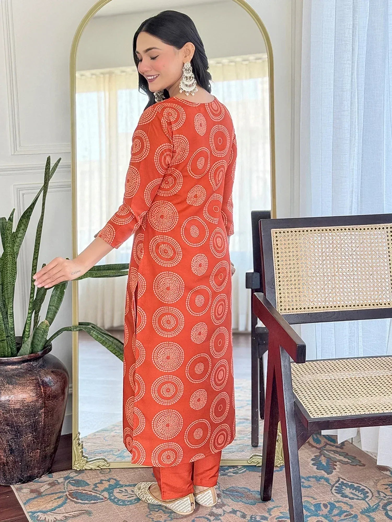 Orange printed kurta with matching pants, ethnic wear for women, stylish Indian outfit